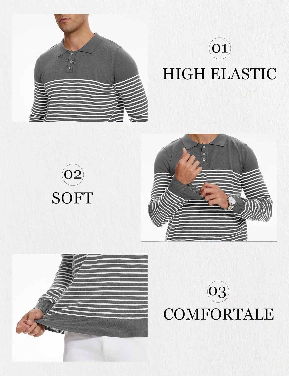 Knit Sweater for Men Long Sleeve Polo Shirt Striped Casual Golf Shirts