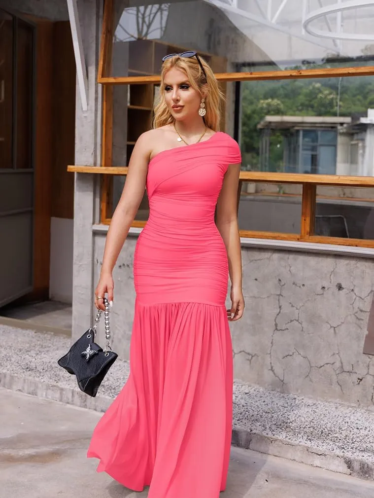 LAGSHIAN Women's Elegant Formal Long Dress One Shoulder Sleeveless Ruched Bodycon Evening Dress