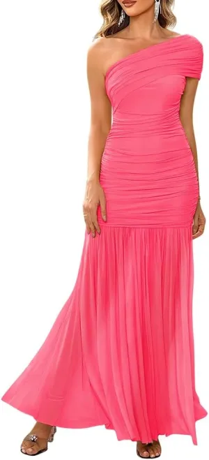 LAGSHIAN Women's Elegant Formal Long Dress One Shoulder Sleeveless Ruched Bodycon Evening Dress