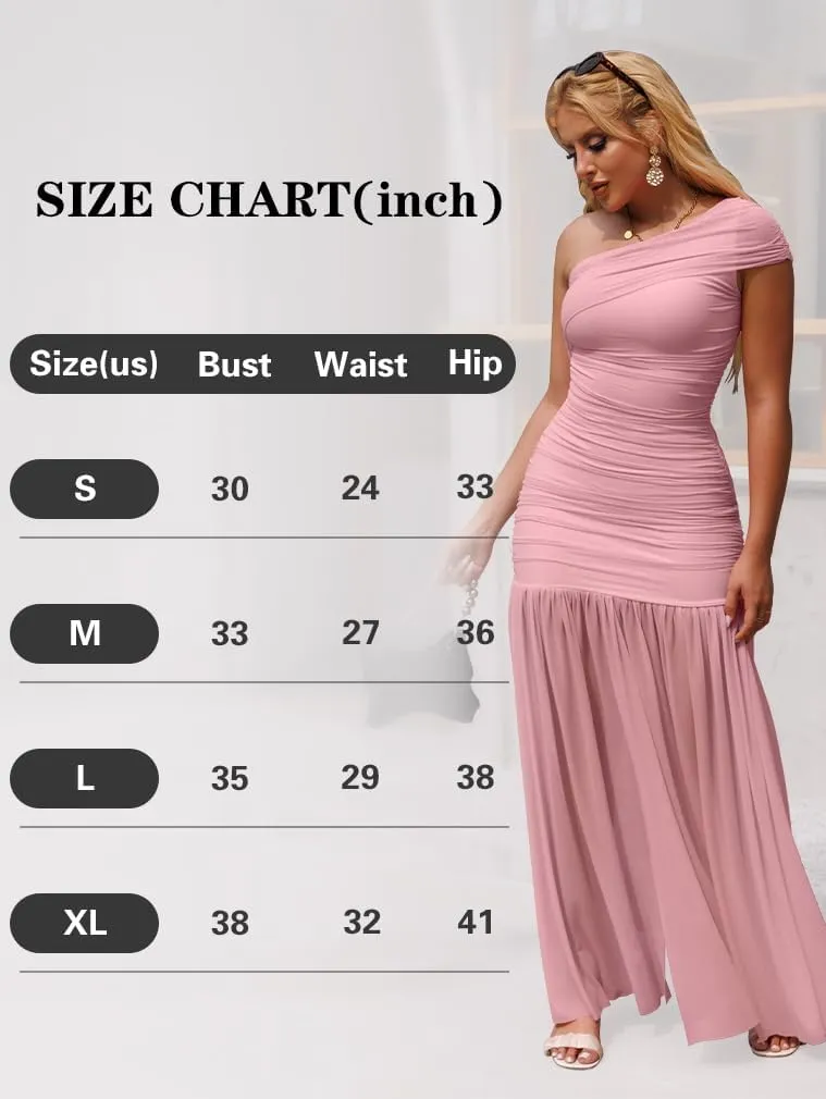 LAGSHIAN Women's Elegant Formal Long Dress One Shoulder Sleeveless Ruched Bodycon Evening Dress
