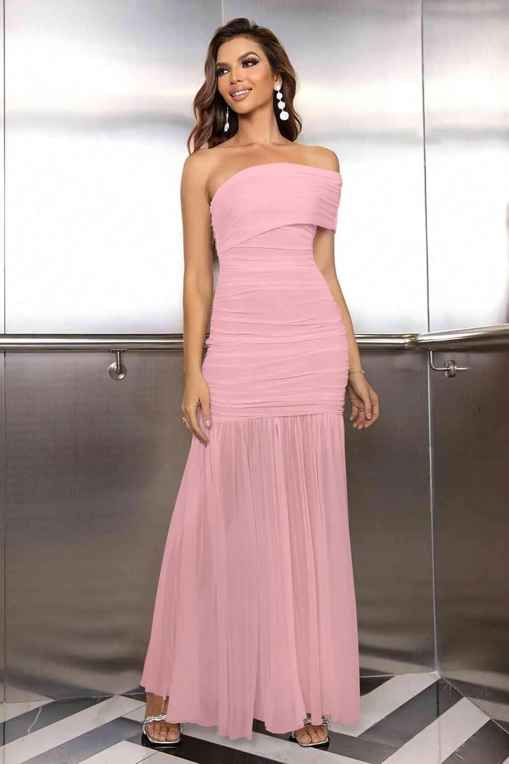 LAGSHIAN Women's Elegant Formal Long Dress One Shoulder Sleeveless Ruched Bodycon Evening Dress