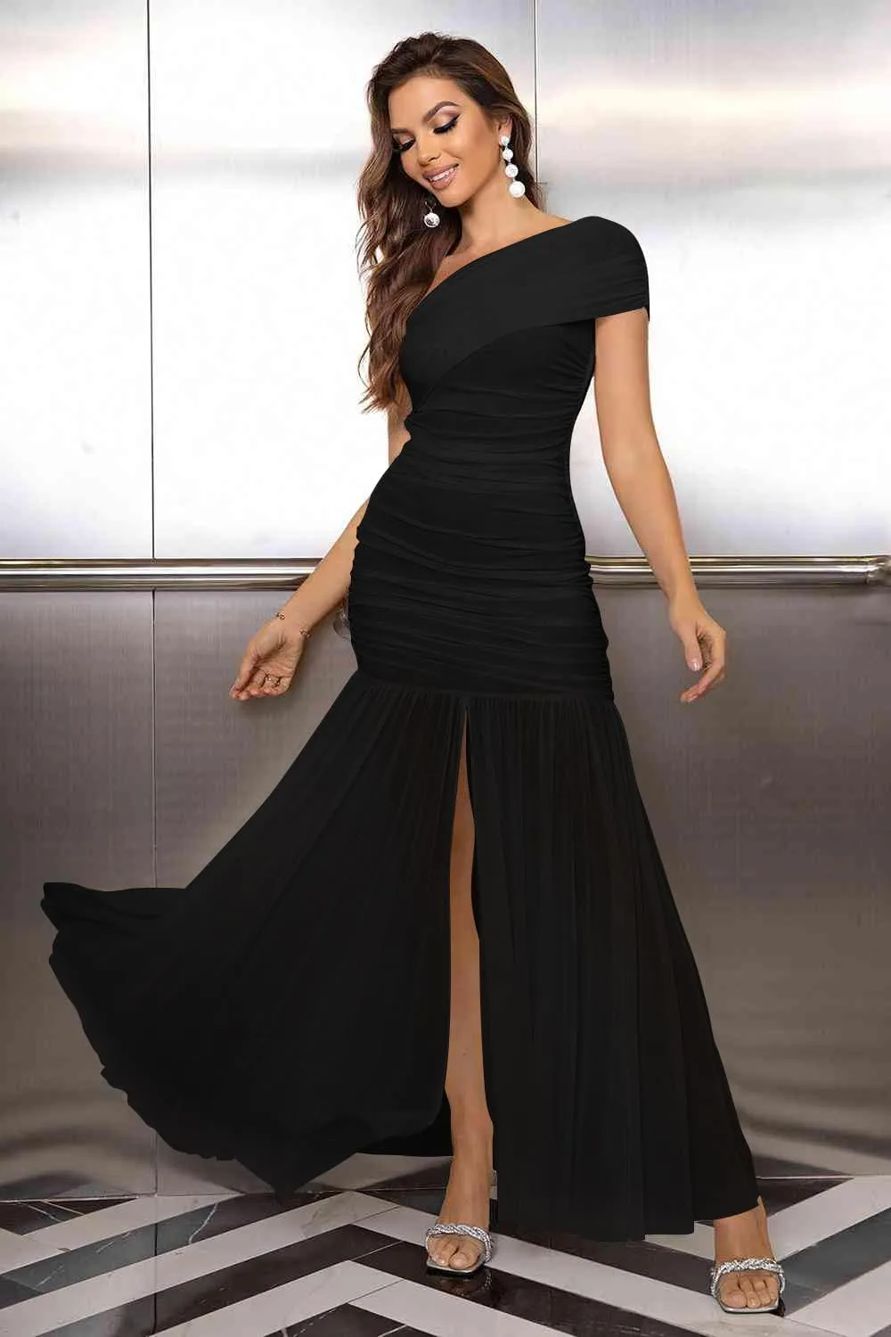 LAGSHIAN Women's Elegant Formal Long Dress One Shoulder Sleeveless Ruched Bodycon Evening Dress