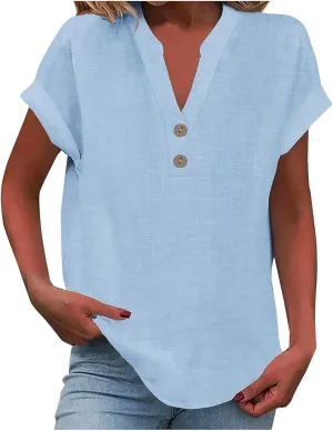 Linen Tops for Women Summer Short Sleeve V Neck Lightweight Tee Shirt Simple Solid Color Loose Casual Blouse