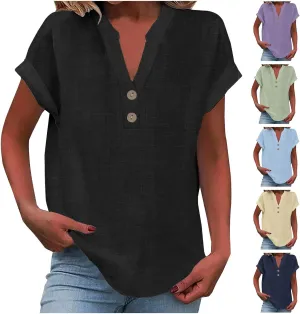 Linen Tops for Women Summer Short Sleeve V Neck Lightweight Tee Shirt Simple Solid Color Loose Casual Blouse