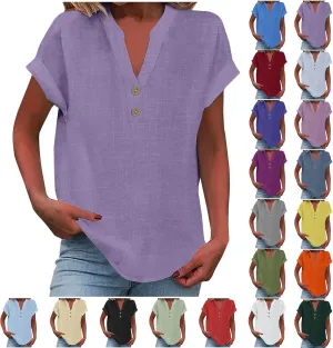 Linen Tops for Women Summer Short Sleeve V Neck Lightweight Tee Shirt Simple Solid Color Loose Casual Blouse