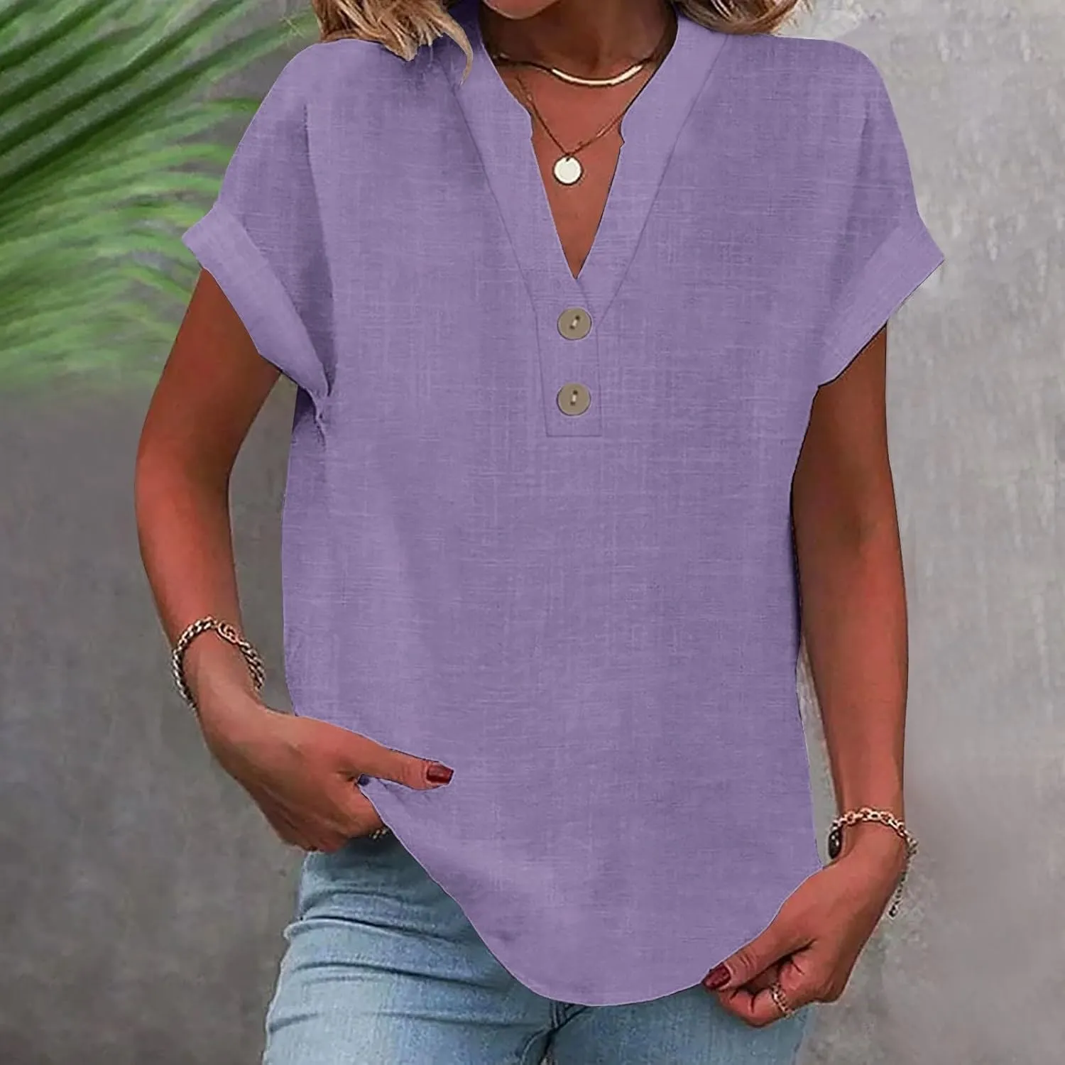 Linen Tops for Women Summer Short Sleeve V Neck Lightweight Tee Shirt Simple Solid Color Loose Casual Blouse