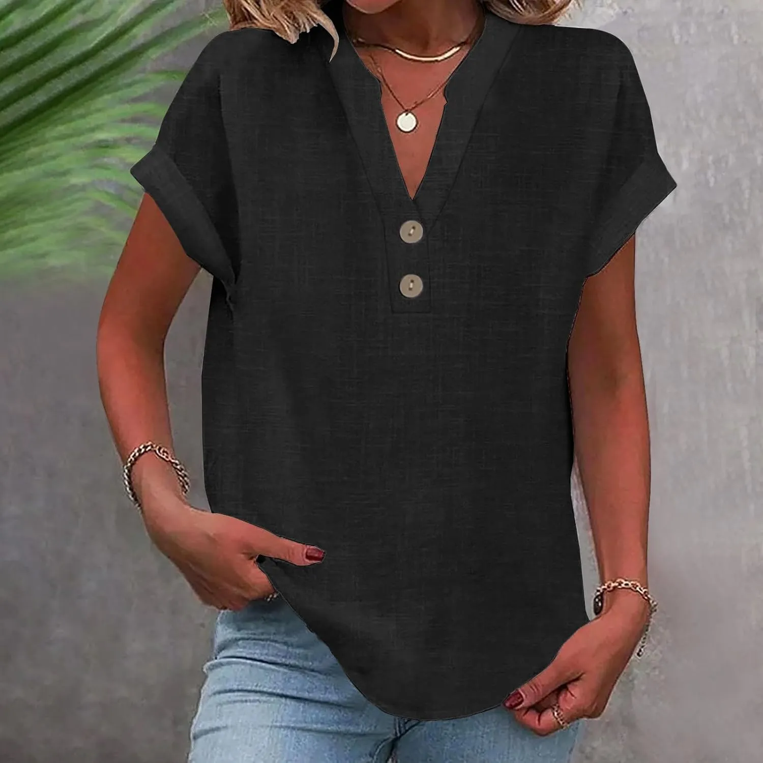 Linen Tops for Women Summer Short Sleeve V Neck Lightweight Tee Shirt Simple Solid Color Loose Casual Blouse