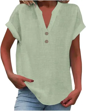 Linen Tops for Women Summer Short Sleeve V Neck Lightweight Tee Shirt Simple Solid Color Loose Casual Blouse