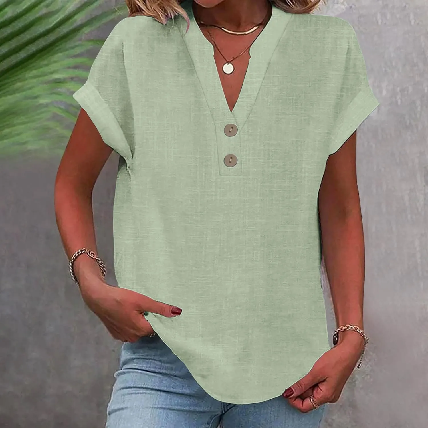 Linen Tops for Women Summer Short Sleeve V Neck Lightweight Tee Shirt Simple Solid Color Loose Casual Blouse