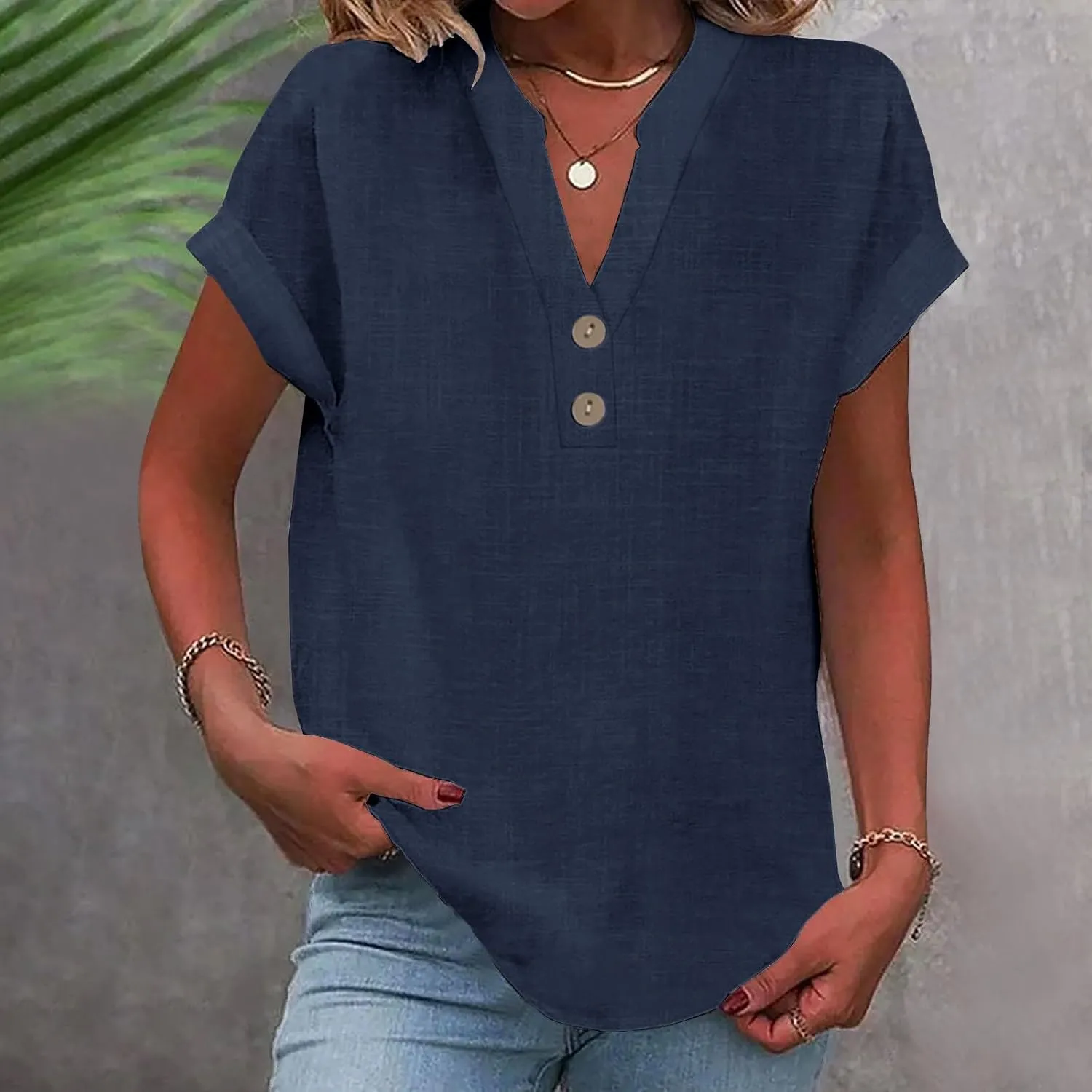 Linen Tops for Women Summer Short Sleeve V Neck Lightweight Tee Shirt Simple Solid Color Loose Casual Blouse