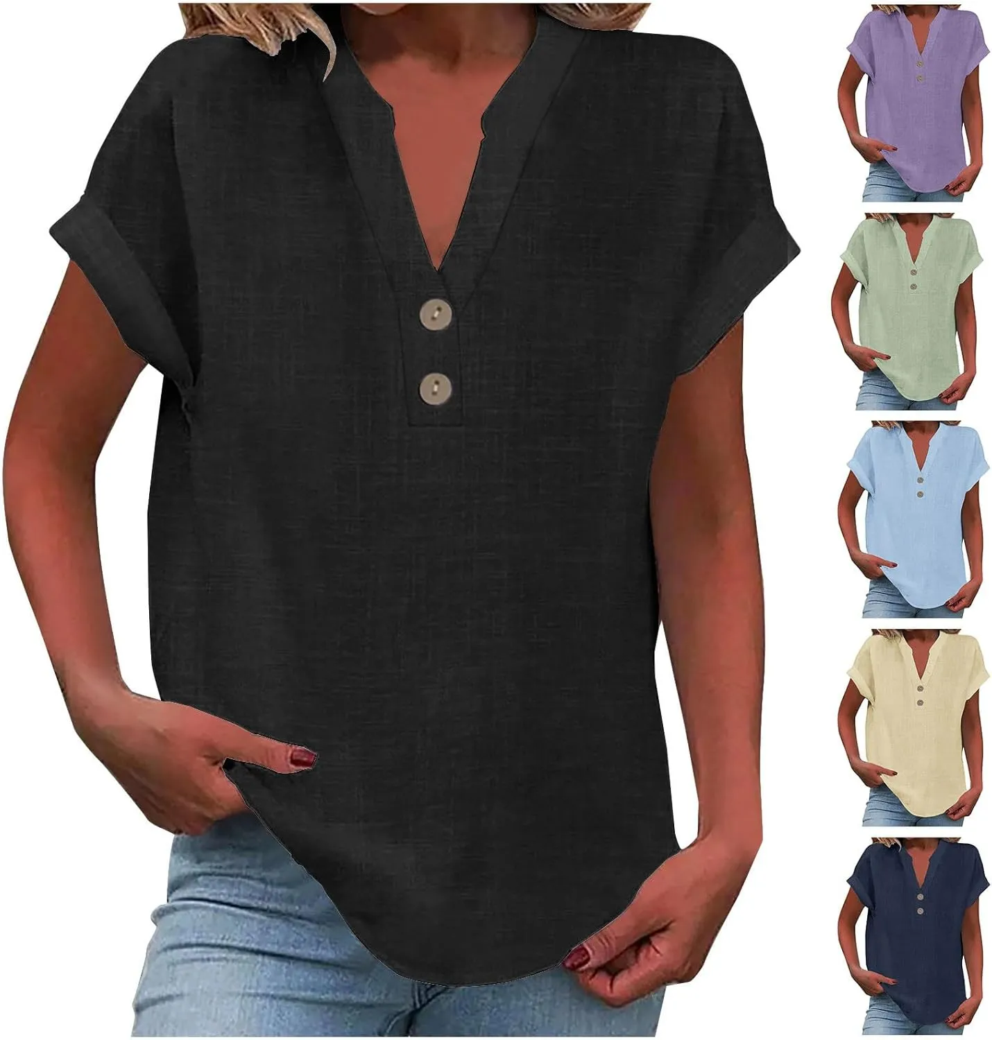Linen Tops for Women Summer Short Sleeve V Neck Lightweight Tee Shirt Simple Solid Color Loose Casual Blouse