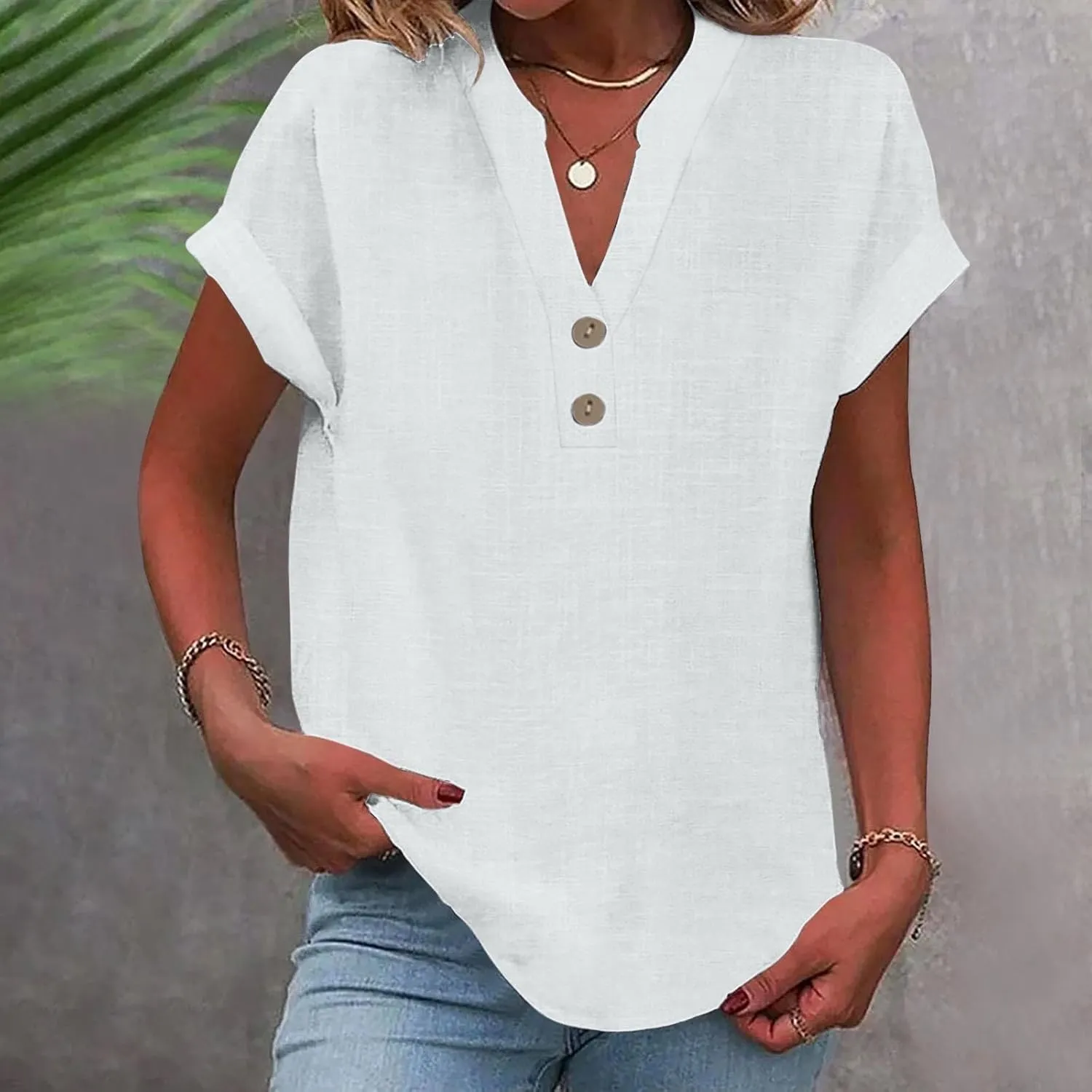 Linen Tops for Women Summer Short Sleeve V Neck Lightweight Tee Shirt Simple Solid Color Loose Casual Blouse