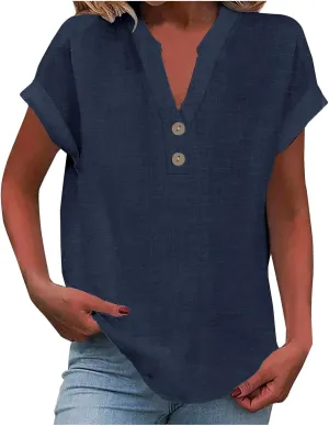 Linen Tops for Women Summer Short Sleeve V Neck Lightweight Tee Shirt Simple Solid Color Loose Casual Blouse