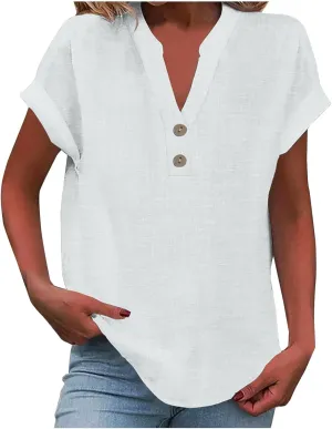 Linen Tops for Women Summer Short Sleeve V Neck Lightweight Tee Shirt Simple Solid Color Loose Casual Blouse