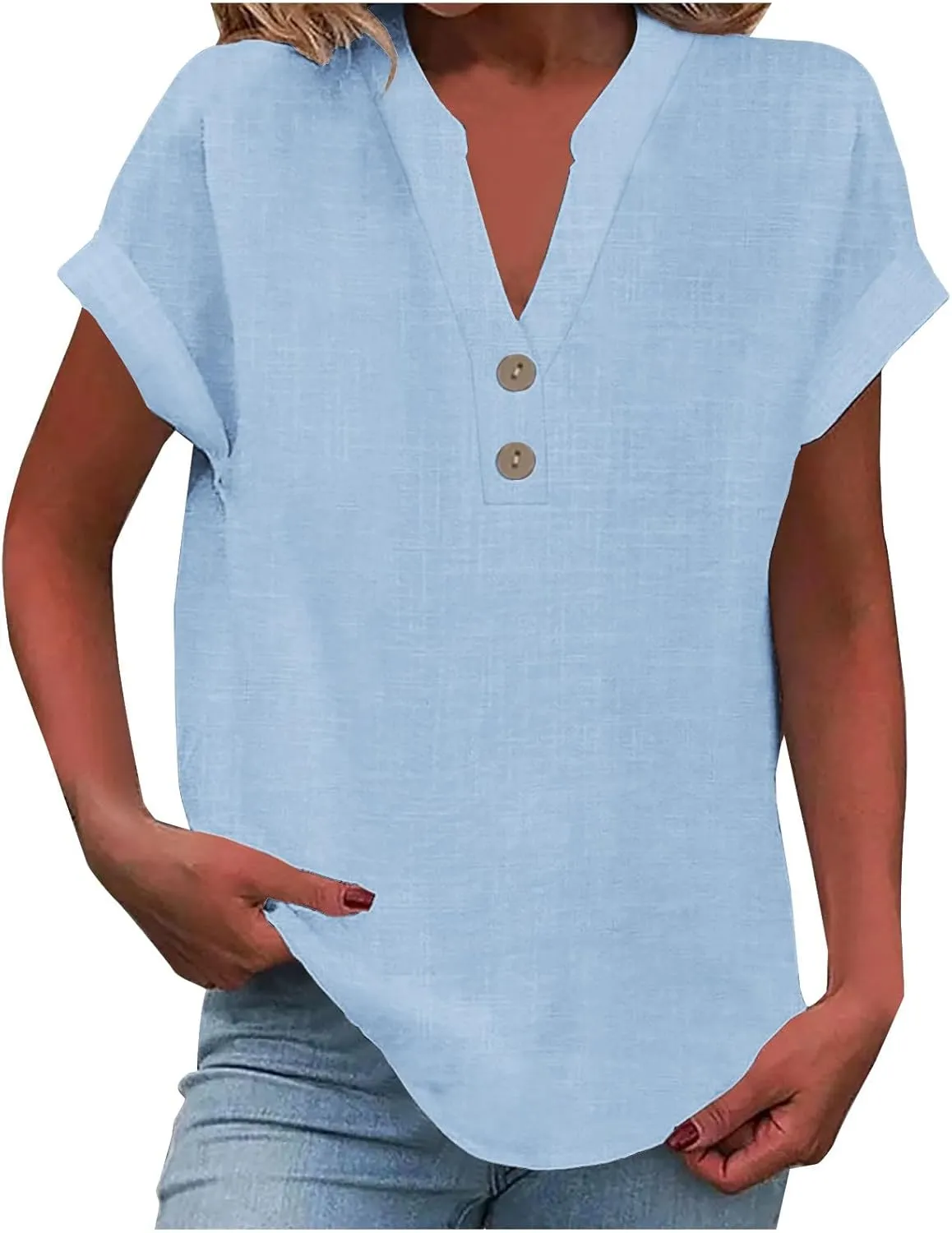 Linen Tops for Women Summer Short Sleeve V Neck Lightweight Tee Shirt Simple Solid Color Loose Casual Blouse