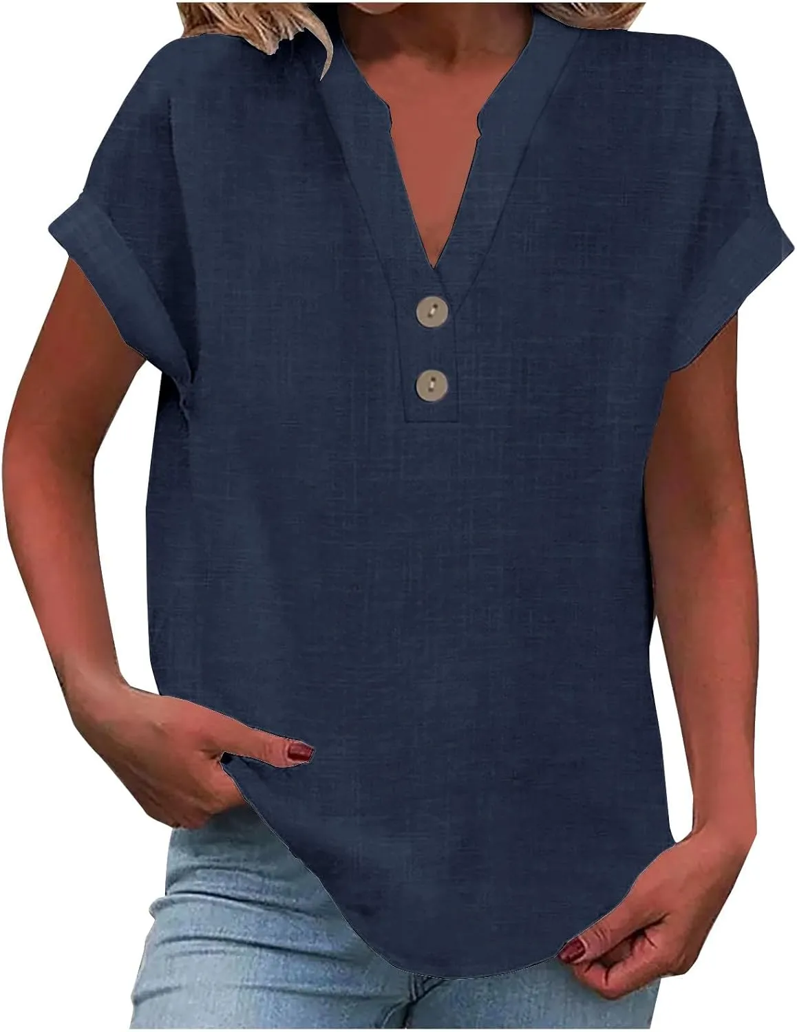 Linen Tops for Women Summer Short Sleeve V Neck Lightweight Tee Shirt Simple Solid Color Loose Casual Blouse