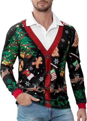 LINOCOUTON Men's Christmas Knitted Sweater Print Polo Shirt