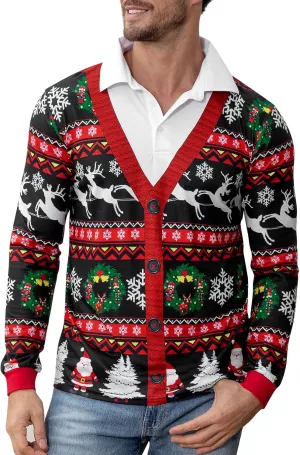 LINOCOUTON Men's Christmas Knitted Sweater Print Polo Shirt