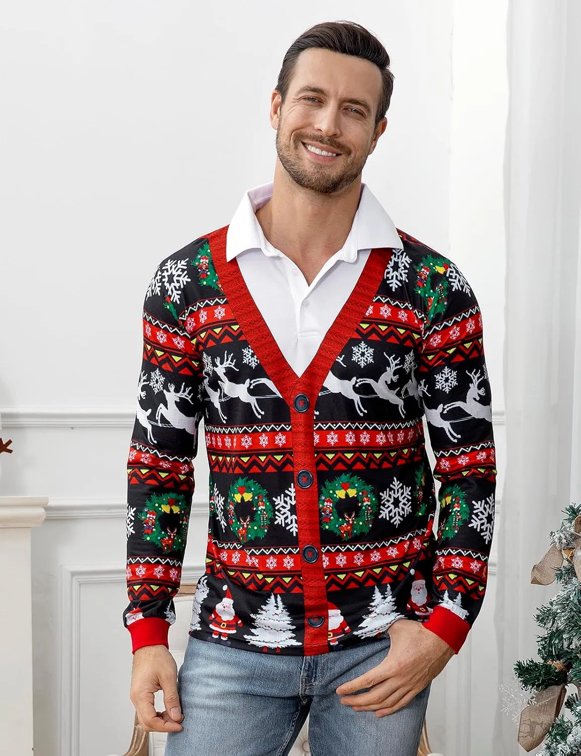 LINOCOUTON Men's Christmas Knitted Sweater Print Polo Shirt