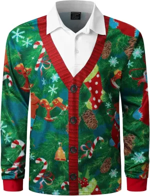 LINOCOUTON Men's Christmas Knitted Sweater Print Polo Shirt