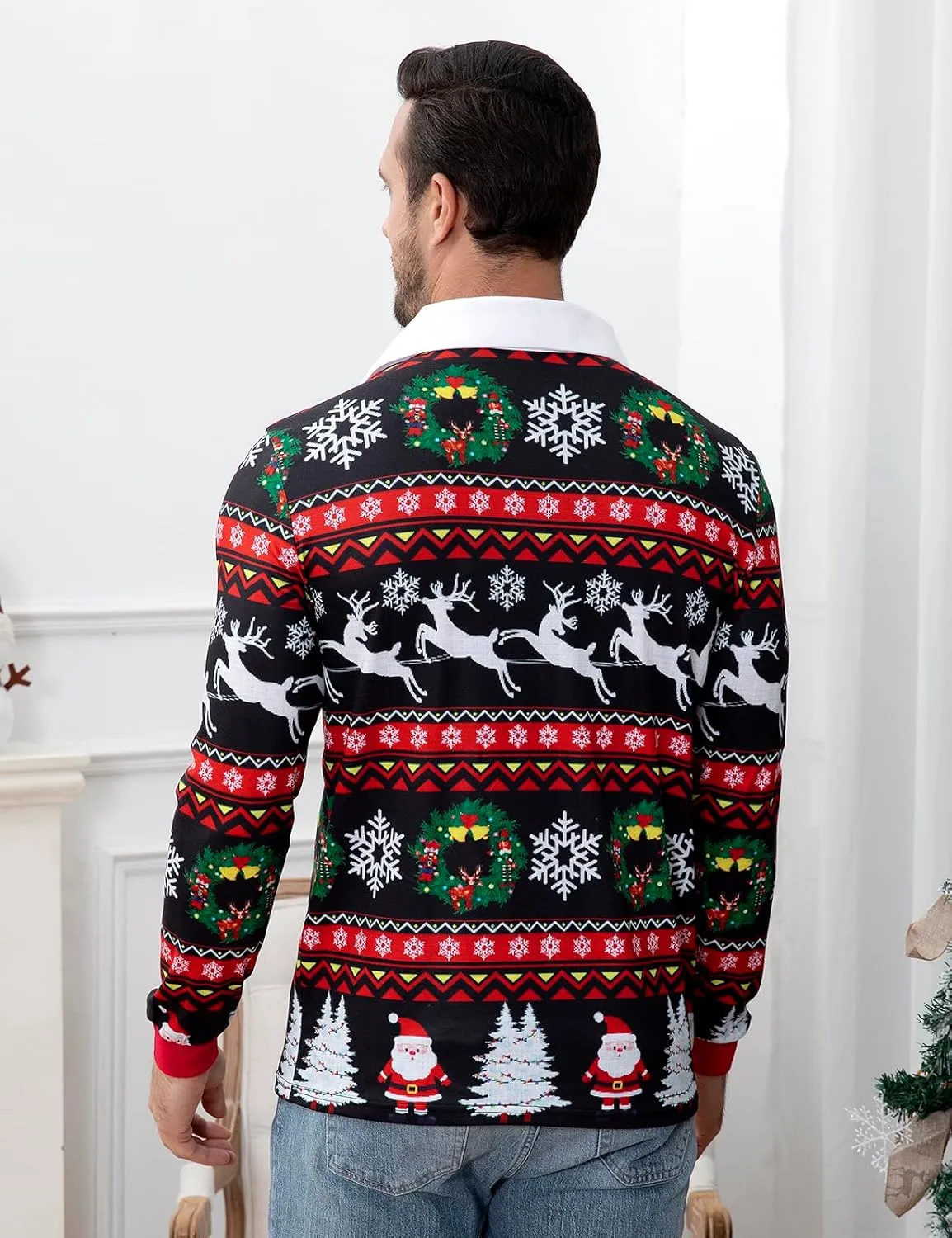 LINOCOUTON Men's Christmas Knitted Sweater Print Polo Shirt
