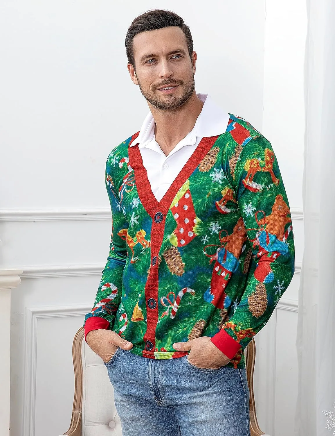 LINOCOUTON Men's Christmas Knitted Sweater Print Polo Shirt