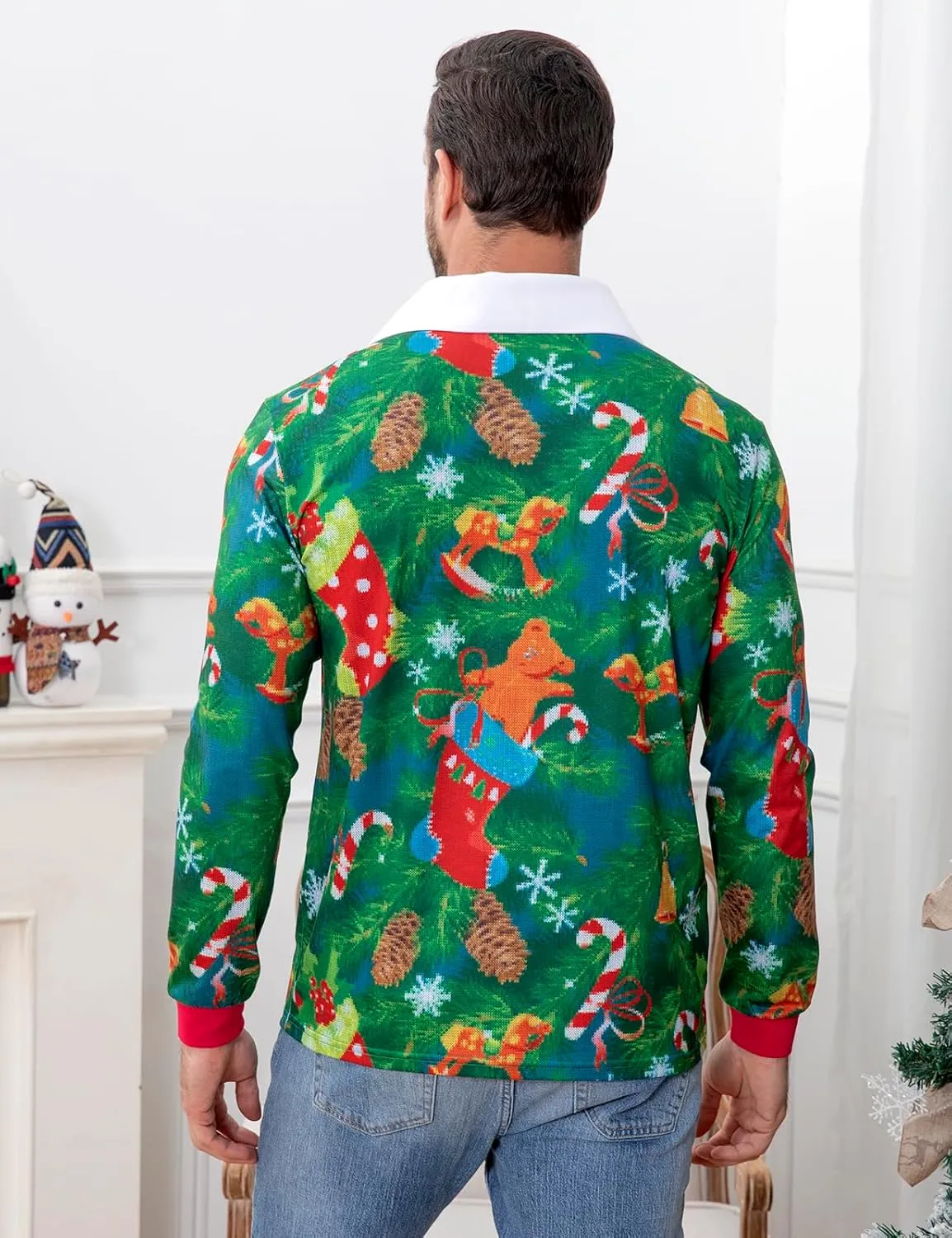 LINOCOUTON Men's Christmas Knitted Sweater Print Polo Shirt