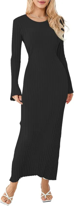 lisenraIn Women Long Sleeve Sweater Dress Elegant Bodycon Ribbed Knit Maxi Dress Spring Fall Fitted Sweater Maxi Dress
