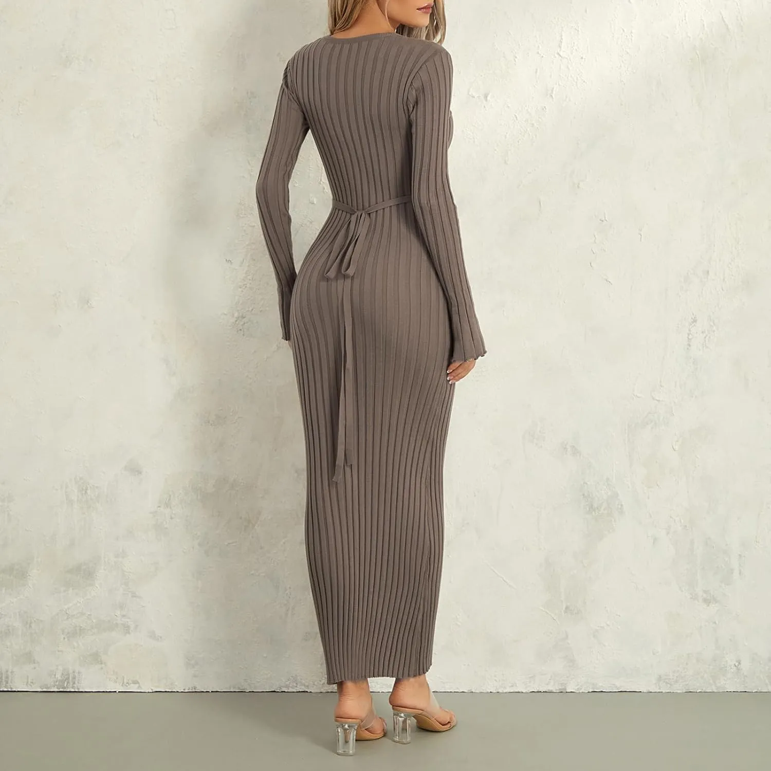 lisenraIn Women Long Sleeve Sweater Dress Elegant Bodycon Ribbed Knit Maxi Dress Spring Fall Fitted Sweater Maxi Dress