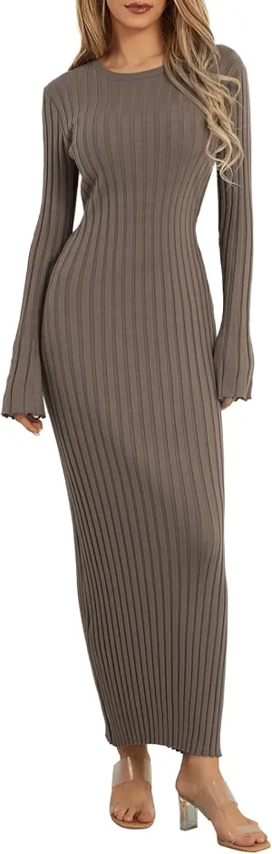 lisenraIn Women Long Sleeve Sweater Dress Elegant Bodycon Ribbed Knit Maxi Dress Spring Fall Fitted Sweater Maxi Dress