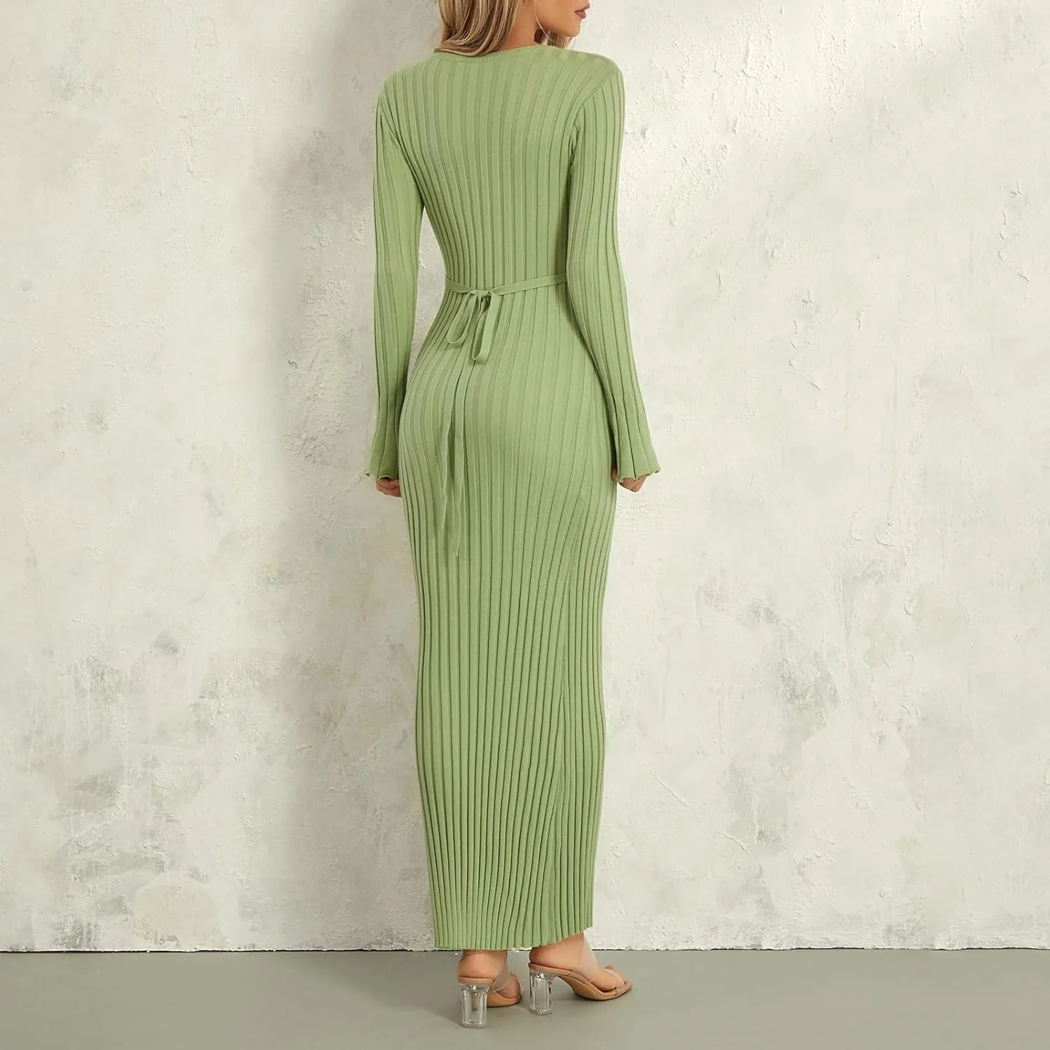 lisenraIn Women Long Sleeve Sweater Dress Elegant Bodycon Ribbed Knit Maxi Dress Spring Fall Fitted Sweater Maxi Dress