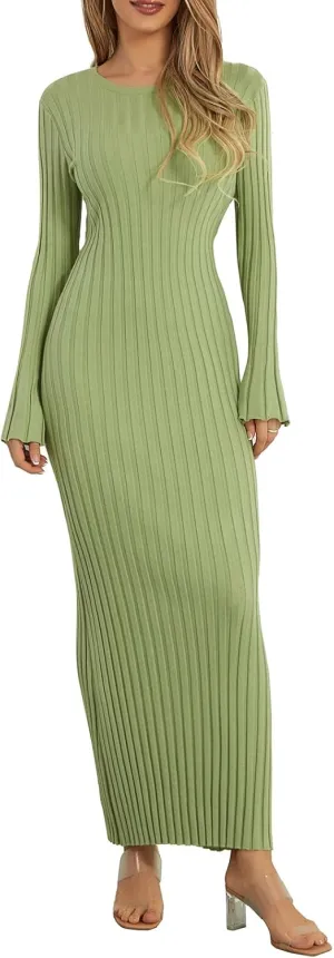 lisenraIn Women Long Sleeve Sweater Dress Elegant Bodycon Ribbed Knit Maxi Dress Spring Fall Fitted Sweater Maxi Dress