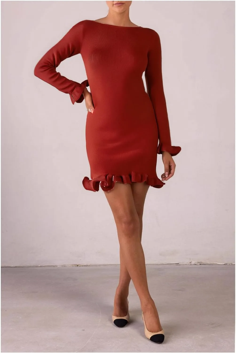 LOUSEA Womens Ruffled Mini Dress Long Sleeve Slim fit Bodycon Dress Sweater Dress Short for Women Fall Knitted Dress