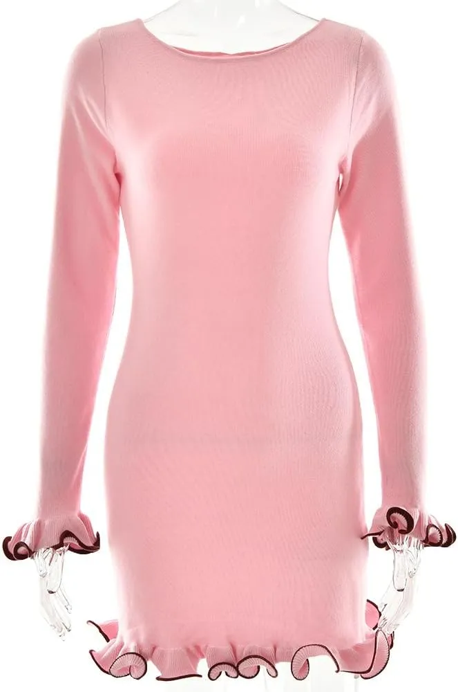 LOUSEA Womens Ruffled Mini Dress Long Sleeve Slim fit Bodycon Dress Sweater Dress Short for Women Fall Knitted Dress