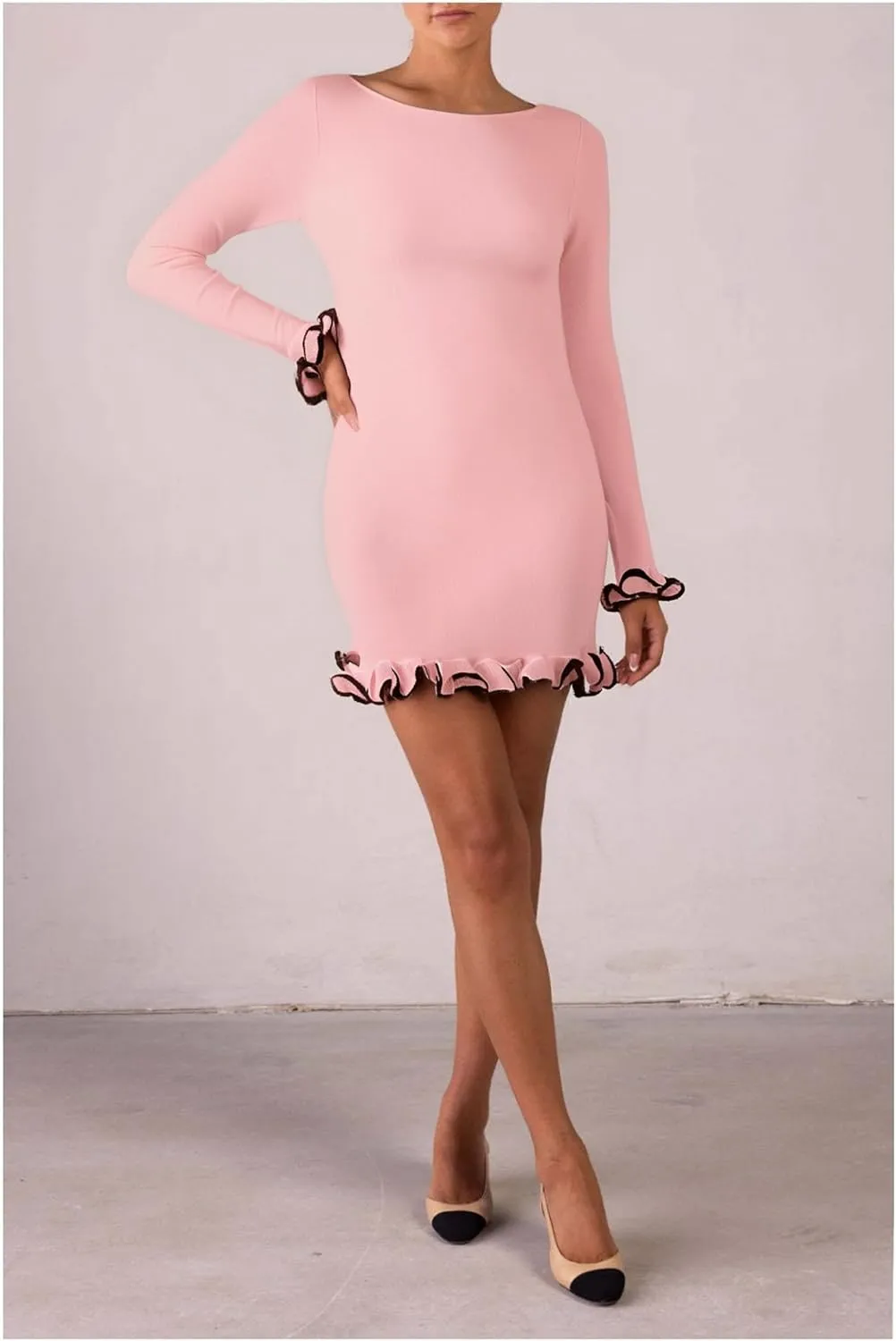 LOUSEA Womens Ruffled Mini Dress Long Sleeve Slim fit Bodycon Dress Sweater Dress Short for Women Fall Knitted Dress
