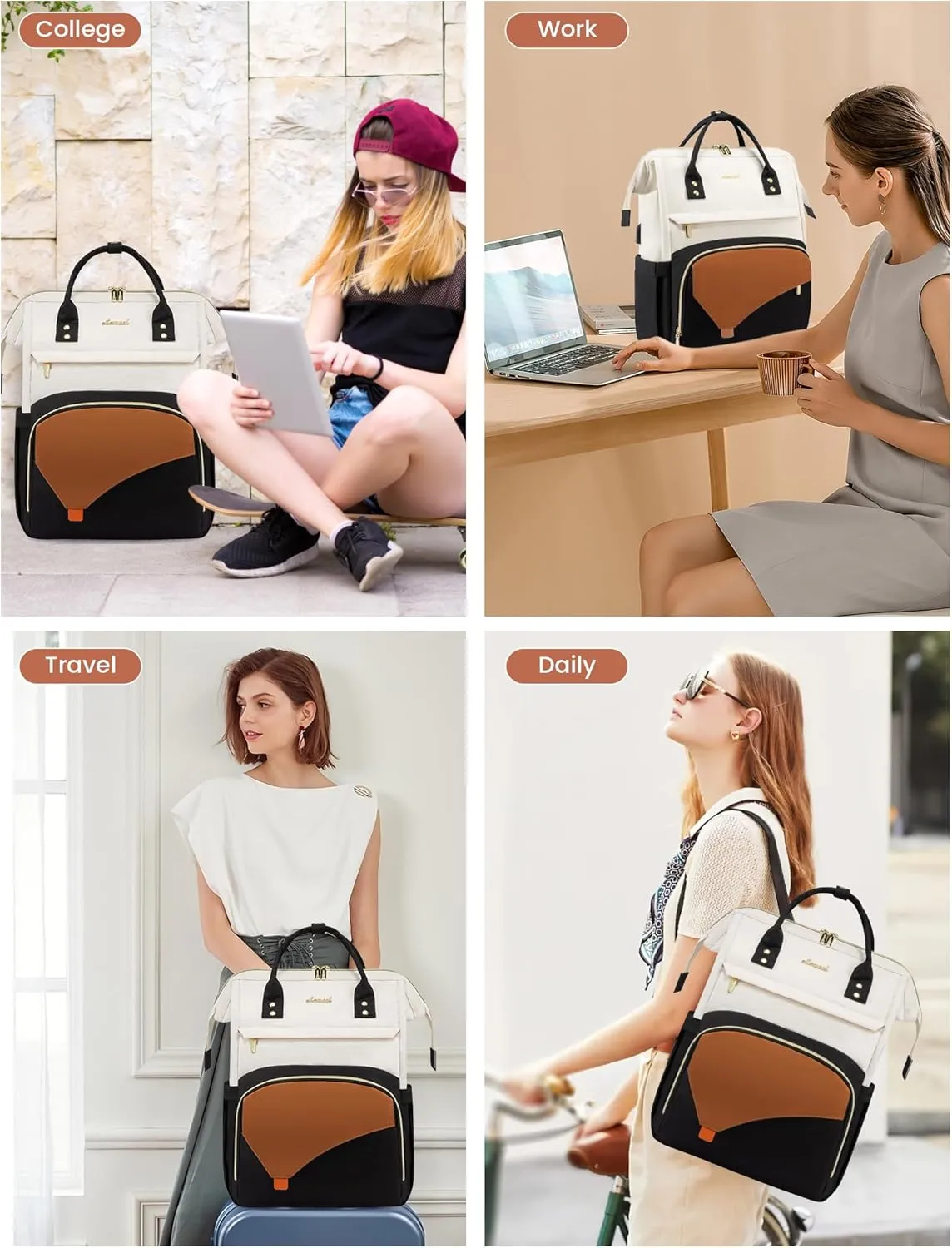 LOVEVOOK Laptop Backpack For Women Work Travel Backpack Purse, Teacher Doctor Nurse Bags College Backpack, Waterproof Computer Backpack For Women, 15.6 Inch, Black-Beige-Brown