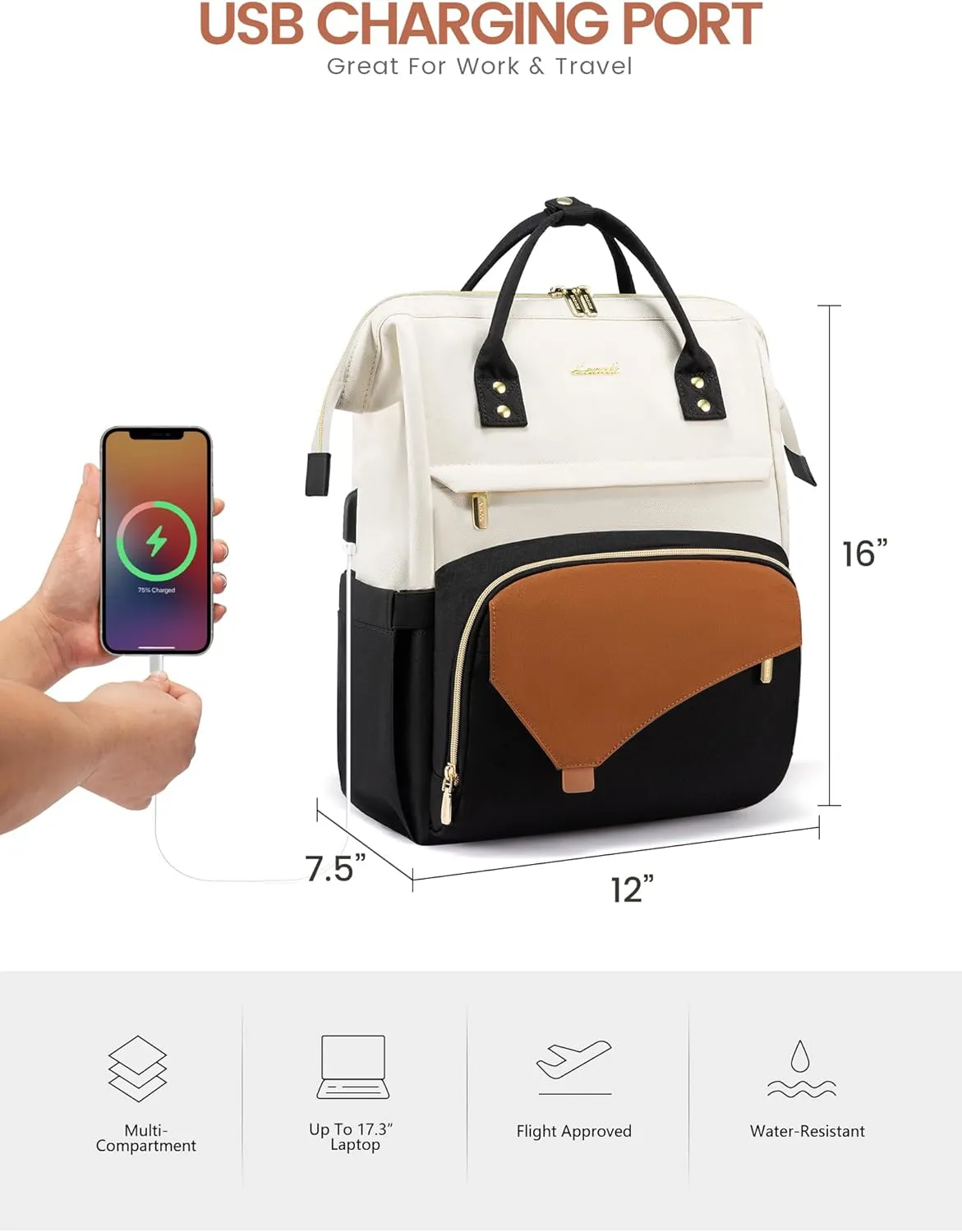 LOVEVOOK Laptop Backpack For Women Work Travel Backpack Purse, Teacher Doctor Nurse Bags College Backpack, Waterproof Computer Backpack For Women, 15.6 Inch, Black-Beige-Brown