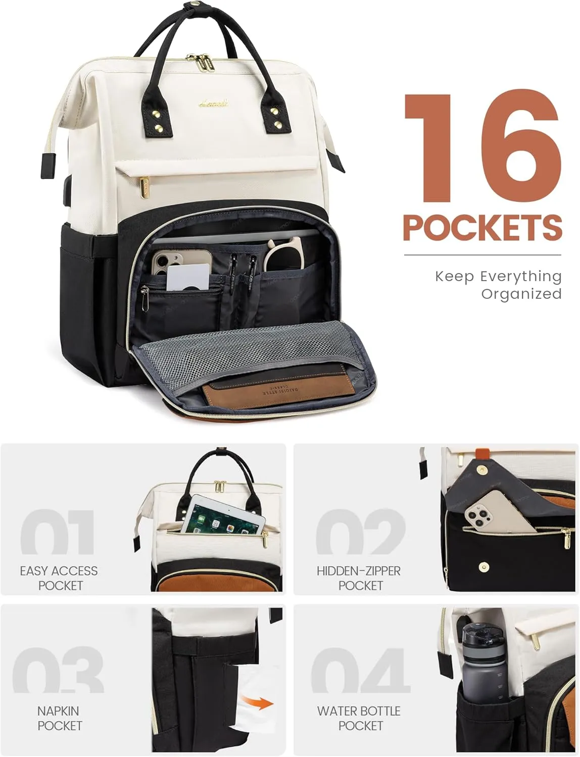 LOVEVOOK Laptop Backpack For Women Work Travel Backpack Purse, Teacher Doctor Nurse Bags College Backpack, Waterproof Computer Backpack For Women, 15.6 Inch, Black-Beige-Brown