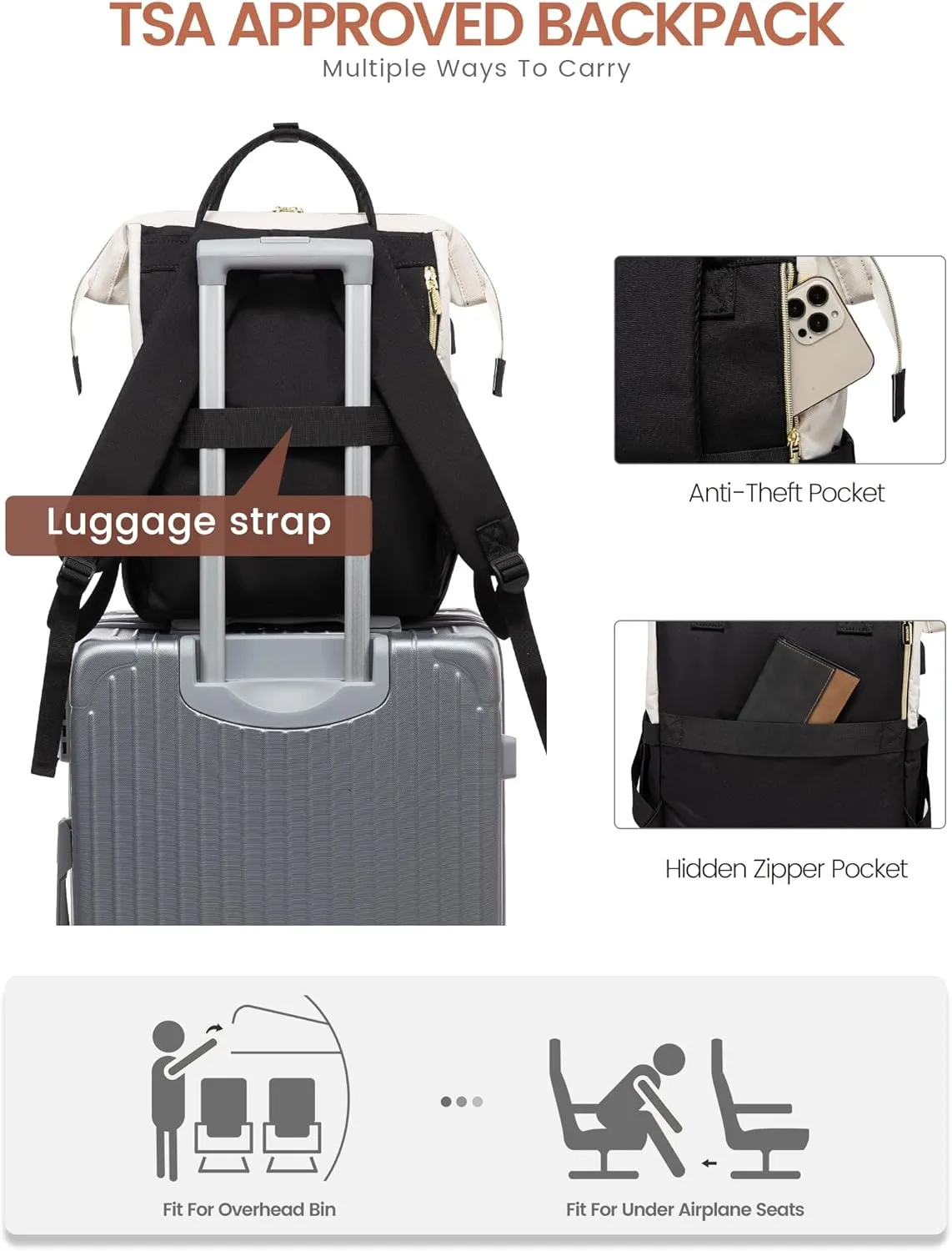 LOVEVOOK Laptop Backpack For Women Work Travel Backpack Purse, Teacher Doctor Nurse Bags College Backpack, Waterproof Computer Backpack For Women, 15.6 Inch, Black-Beige-Brown