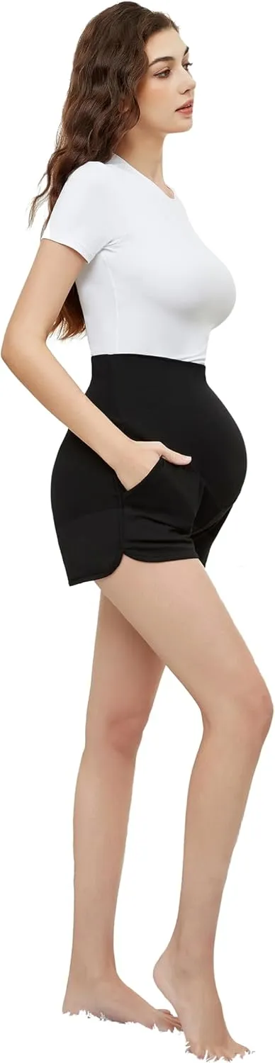 Maternity Shorts Comfy Over Belly Stretchy Fabric Wear Versatile Breathable Pregnancy Pant with Pockets
