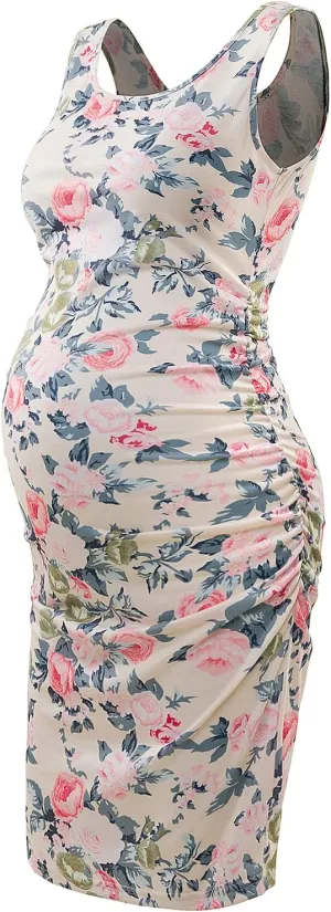 Maternity Tank Dress Ruched Sleeveless Mama Dress Pregnancy Baby Shower Dress