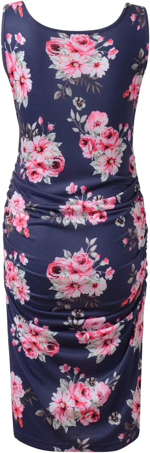 Maternity Tank Dress Ruched Sleeveless Mama Dress Pregnancy Baby Shower Dress