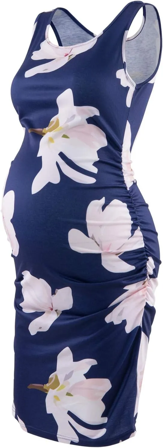 Maternity Tank Dress Ruched Sleeveless Mama Dress Pregnancy Baby Shower Dress