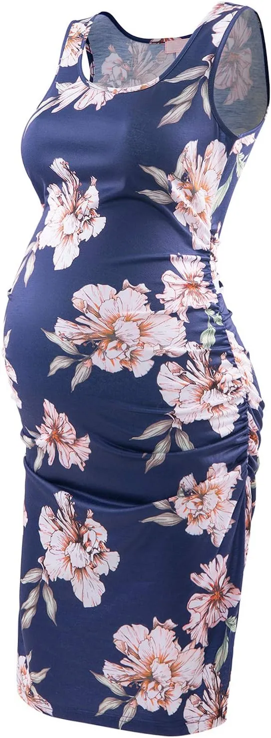 Maternity Tank Dress Ruched Sleeveless Mama Dress Pregnancy Baby Shower Dress