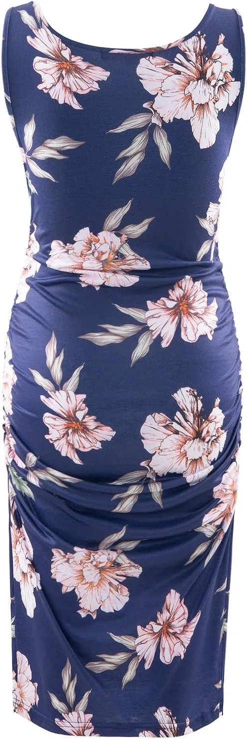 Maternity Tank Dress Ruched Sleeveless Mama Dress Pregnancy Baby Shower Dress