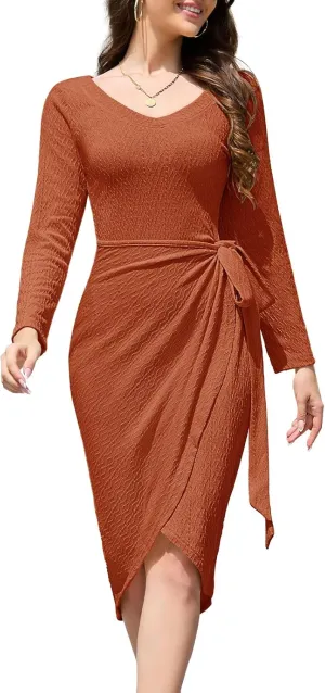 Meetjen Women's Long Sleeve Bodycon Dress V Neck Ribbed Knit Cocktail Party Dress 2024 Sweater Dress Fall Midi Dress