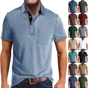 Men's 2025 Classic Fit Casual Short Sleeve Vintage Dual Tipped Collar Button Down Polo Shirt with Pocket