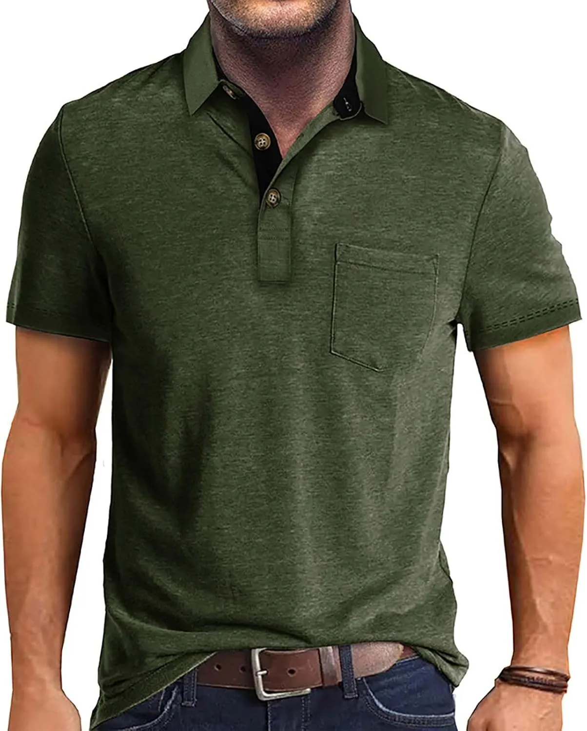 Men's 2025 Classic Fit Casual Short Sleeve Vintage Dual Tipped Collar Button Down Polo Shirt with Pocket