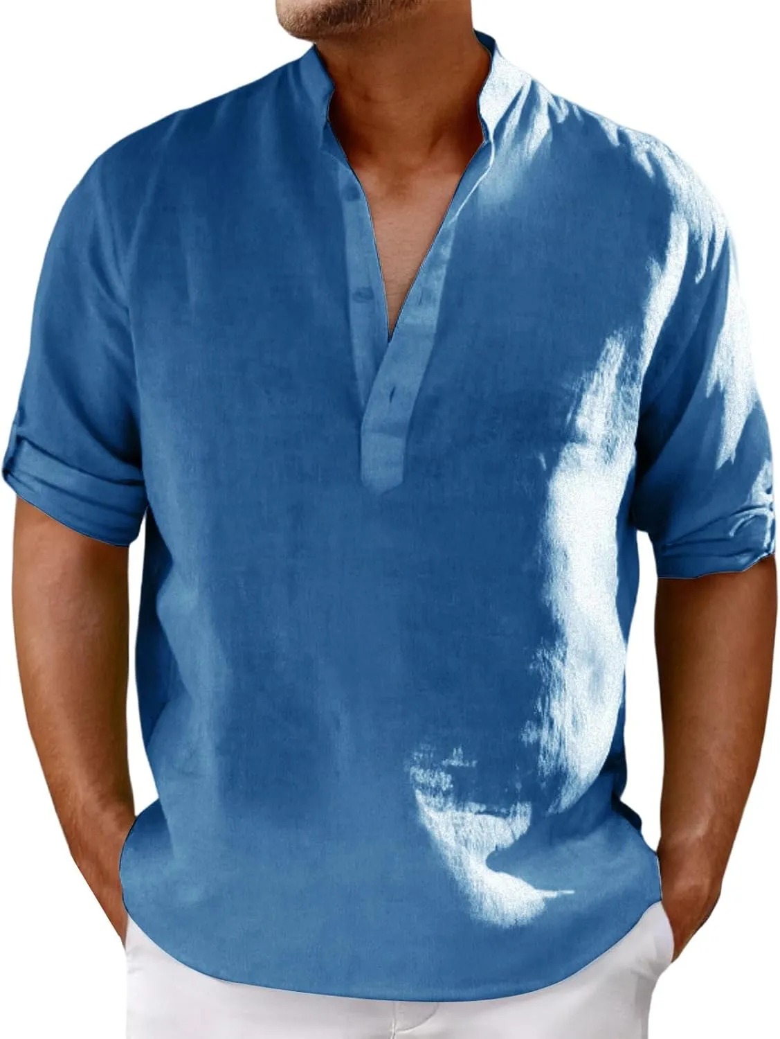 Men's Cotton Linen Shirts Solid Color Stand Collar Shirts Button Down V Neck Tops Casual Long Sleeve Simple Tops