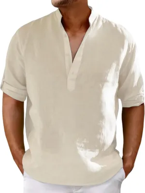 Men's Cotton Linen Shirts Solid Color Stand Collar Shirts Button Down V Neck Tops Casual Long Sleeve Simple Tops
